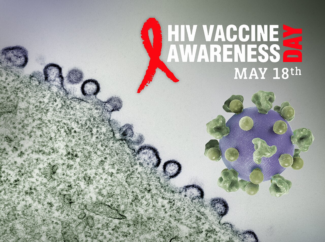 Poster kesadaran HIV dengan gambar partikel virus dan pita merah